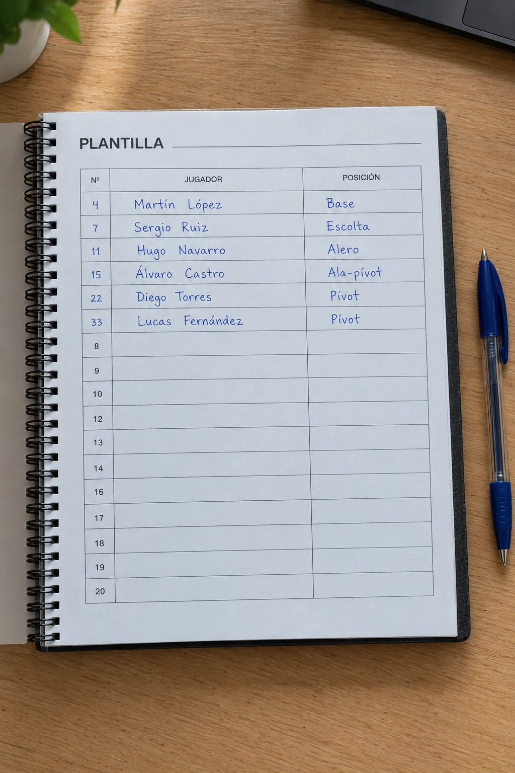 Plantilla del equipo rellenada
