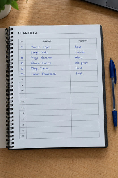 Plantilla del equipo rellenada